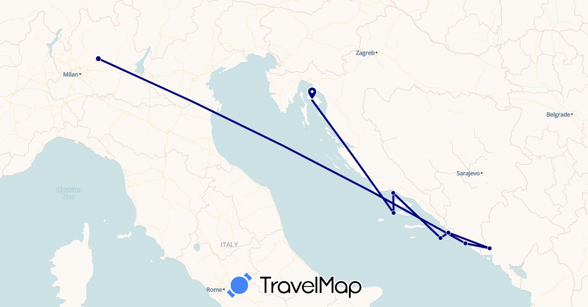 TravelMap itinerary: driving in Croatia, Italy, Montenegro (Europe)